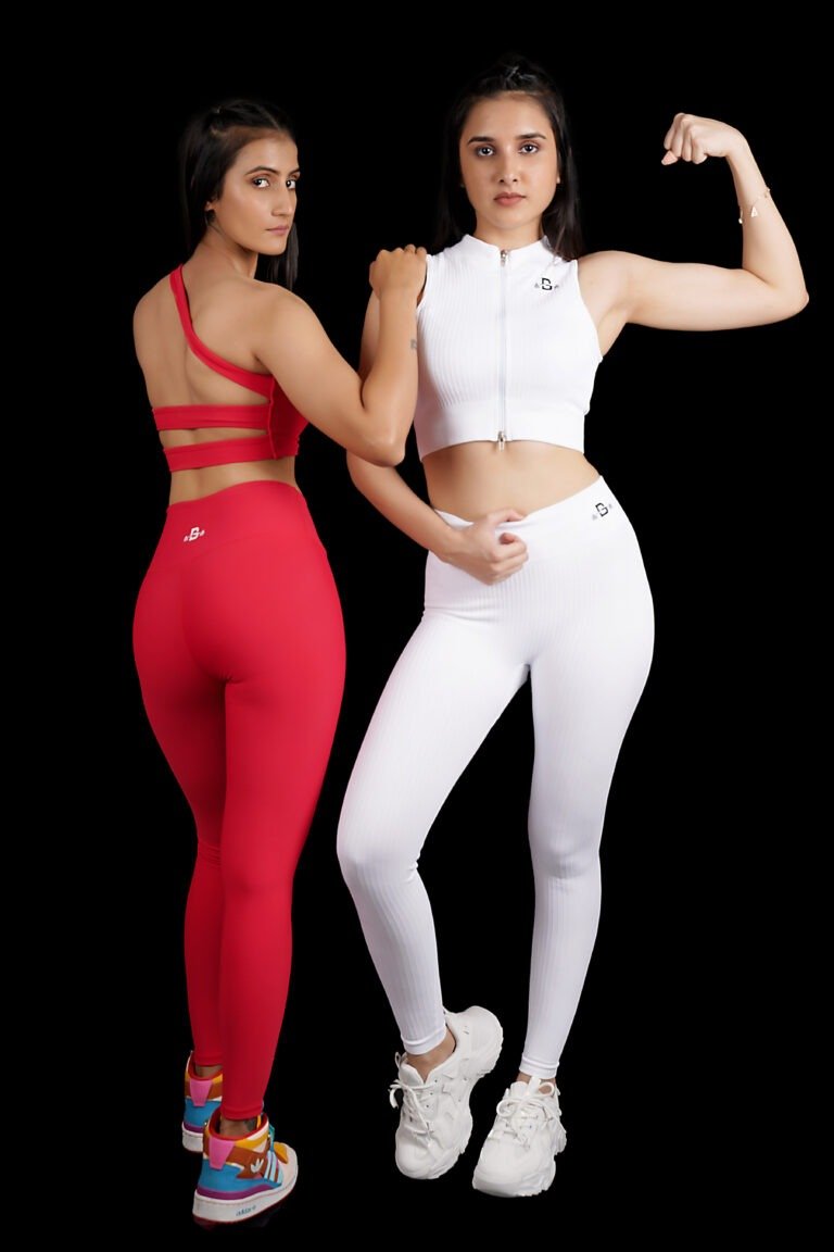 Poppy Red One Shoulder Asymmetrical Sports Set and Snow White Ribbed Sleeveless Zipper Set