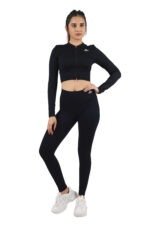 Pure Black Ribbed Long Sleeves Zipper Set