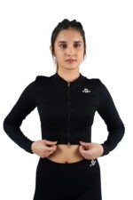Pure Black Ribbed Long Sleeves Zipper Top