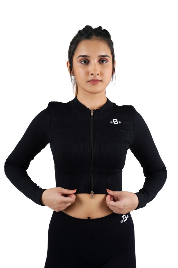 Pure Black Ribbed Long Sleeves Zipper Top
