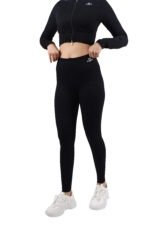 Pure Black Ribbed Long Sleeves Zipper Leggings