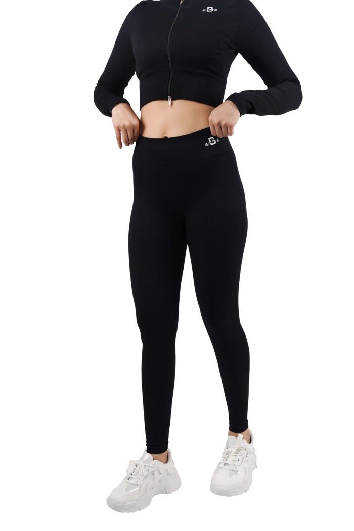 Pure Black Ribbed Long Sleeves Zipper Leggings